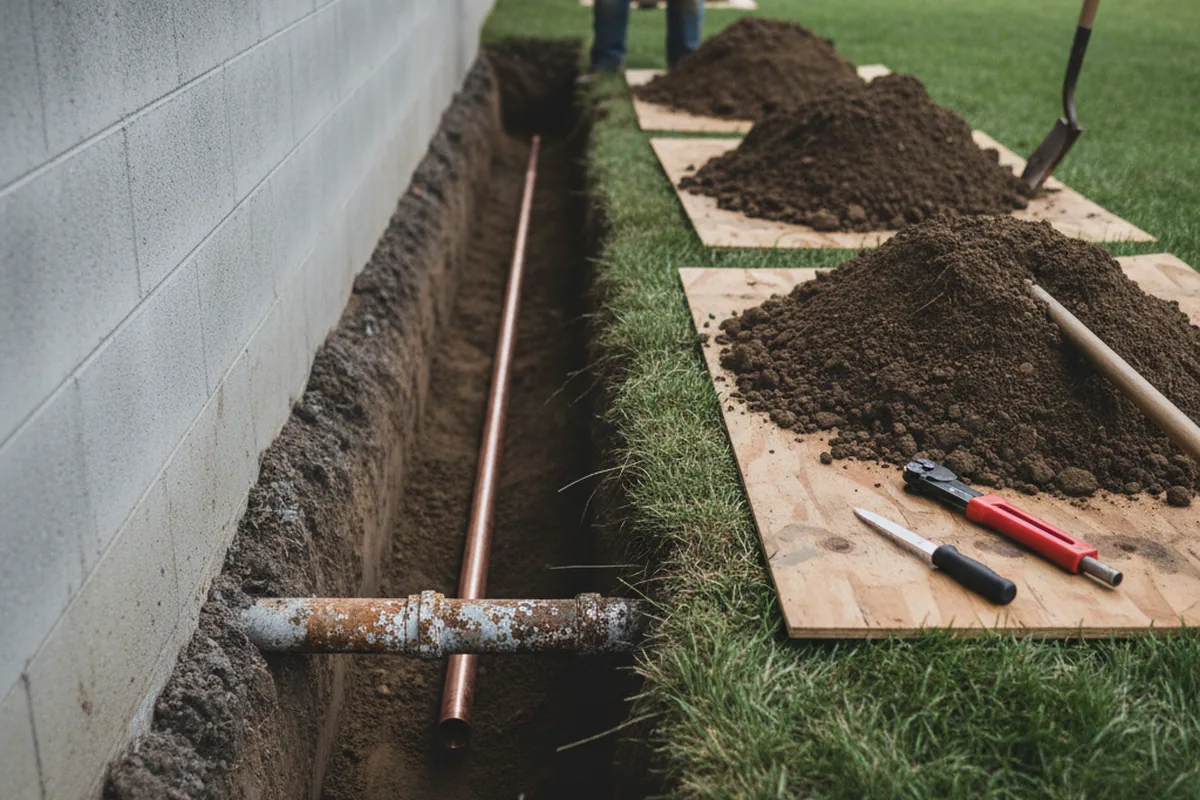 Excavated water line trench during Sewer Line Repair in Galveston
